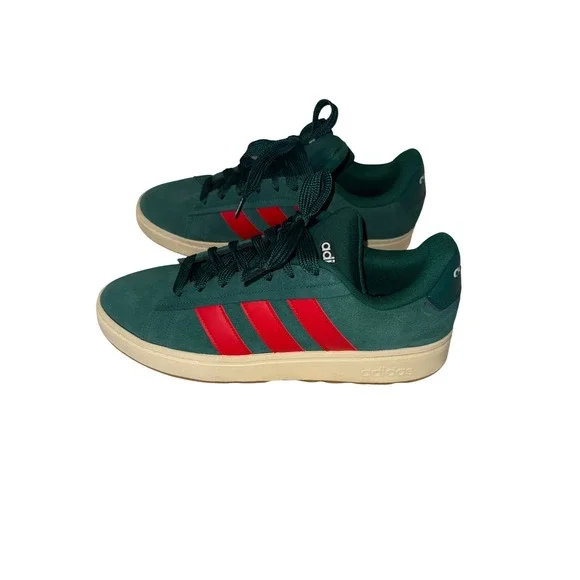 Adidas Grand Court Base 2.0 Dark Green Red Suede Sneakers Cloud Foam Mens 12.5 - Picture 2 of 6